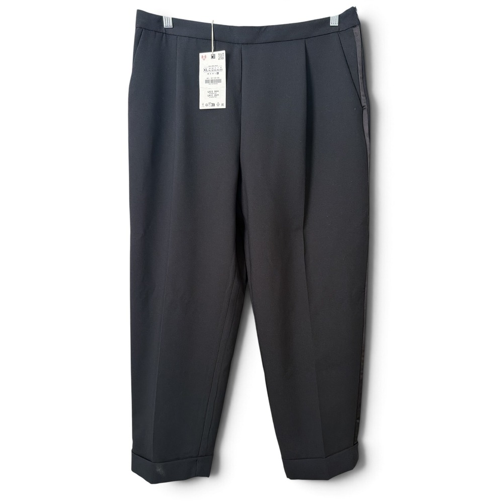Zara Black High Waisted Tuxedo Trousers Satin Stripe Pleated Cuffed XL NEW NWT